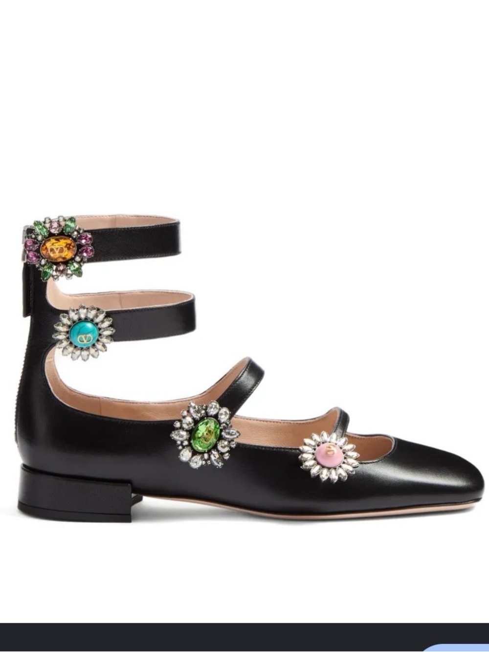 Valentino Garavani Black Leather Mary Jane Flats with Multicolor Jewel Rosettes